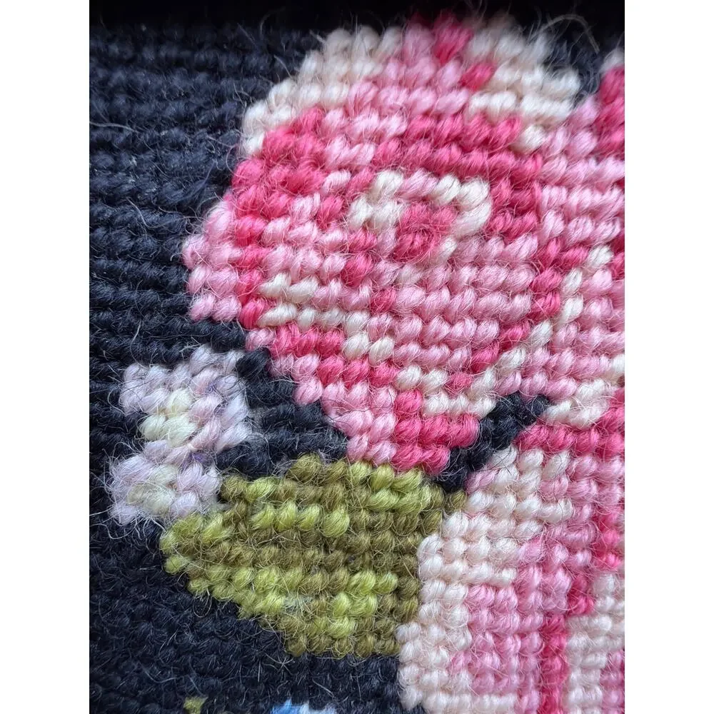 Vintage Framed Pink Rose Needlepoint Floral Wall Art Black Background 6.25”
